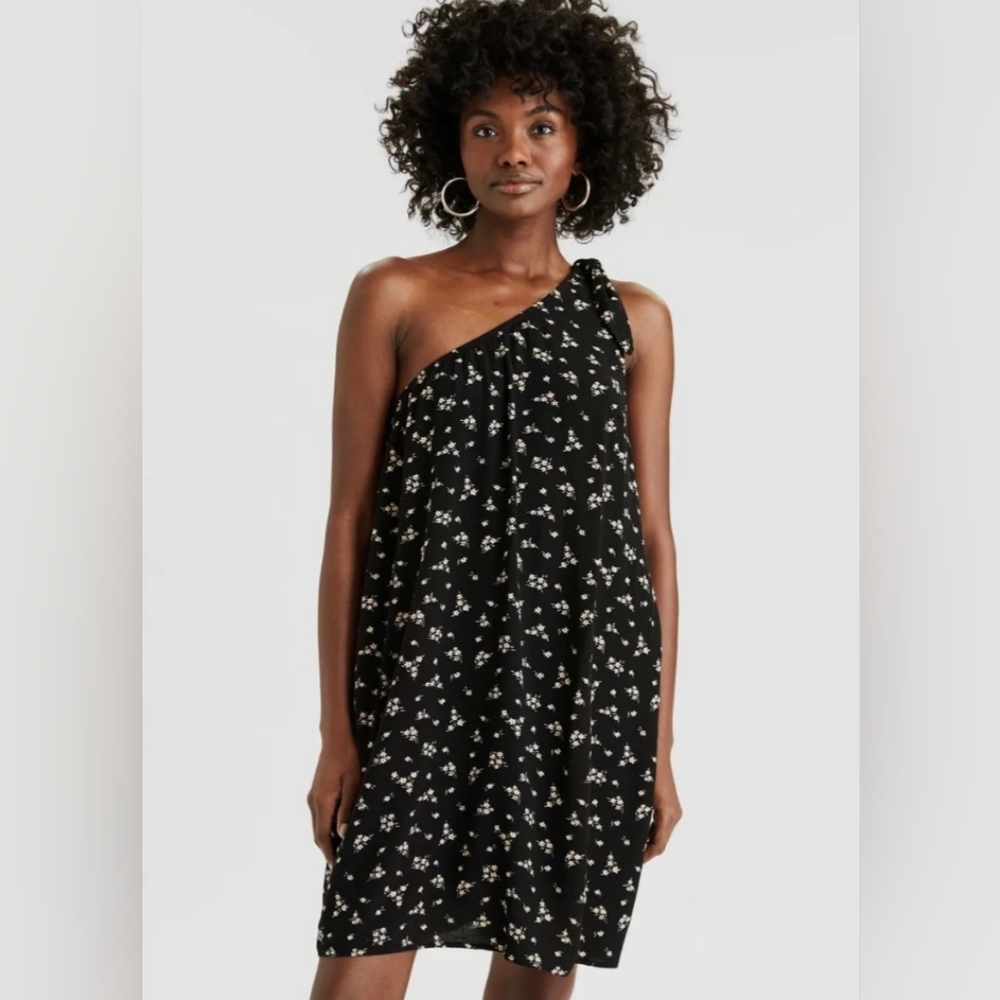 American Eagle, Black & Floral Print, One Shoulder, Shift Mini Dress, Size XS